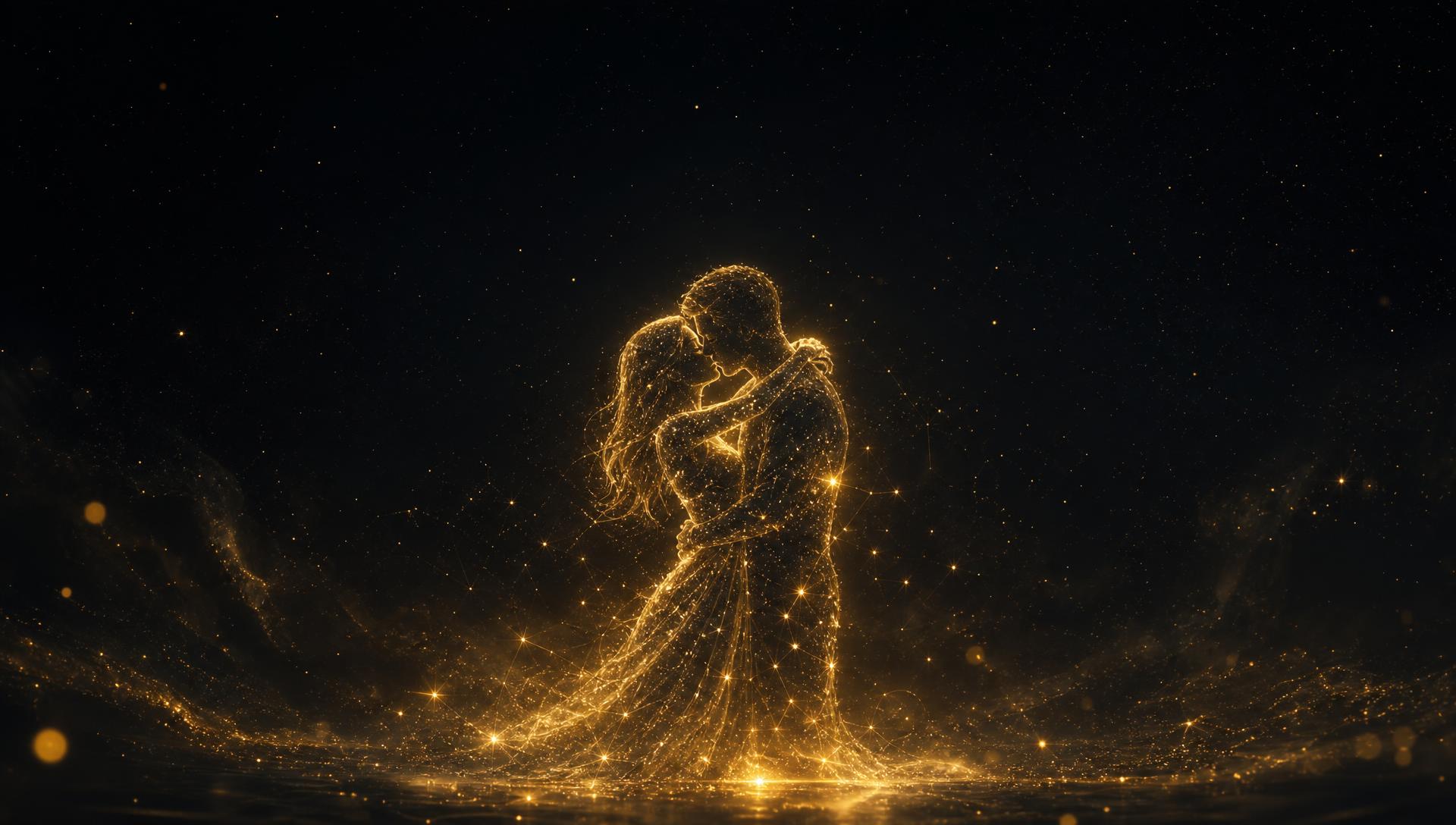 Silhueta de um casal se beijando formada por estrelas douradas